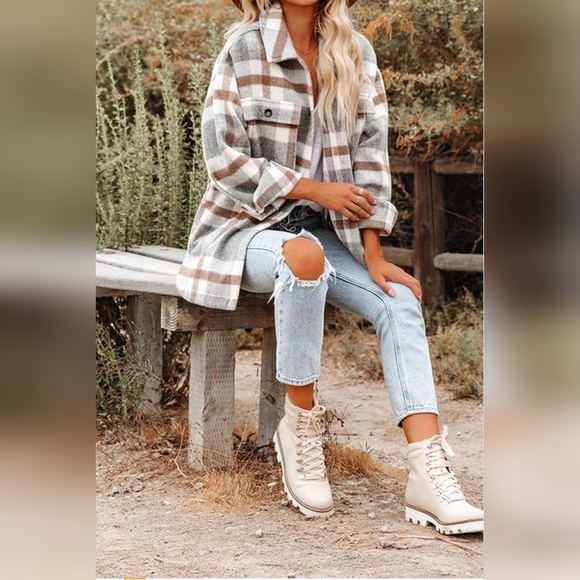 NWT!! Women's Khaki Grey Flannel Shacket Long Sleeve Button Pocket Shirt Jacket - Picture 6 of 6